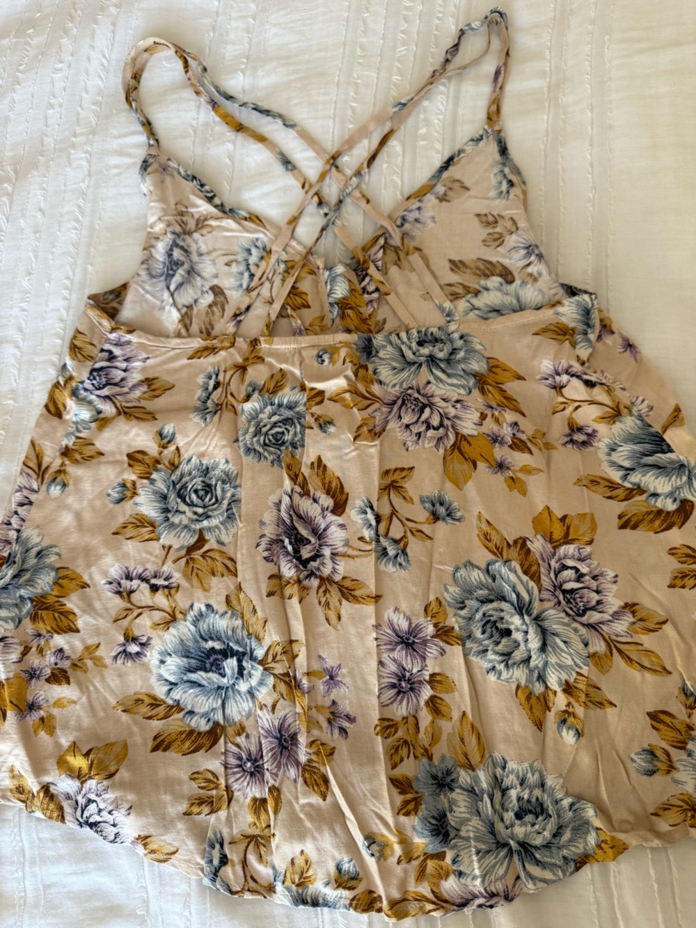 Floral V-Neck Spaghetti Strap Tank Top - Beige with Blue & Mustard Flowers - Picture 2 of 2